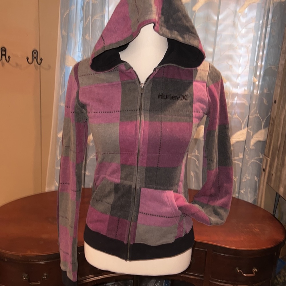 VINTAGE Hurley purple and gray checkered pattern hoodie with black lining XS!